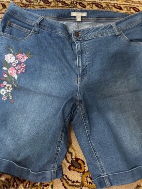 Woman Within Blue Denim Shorts with Pink & White Floral Embroidery